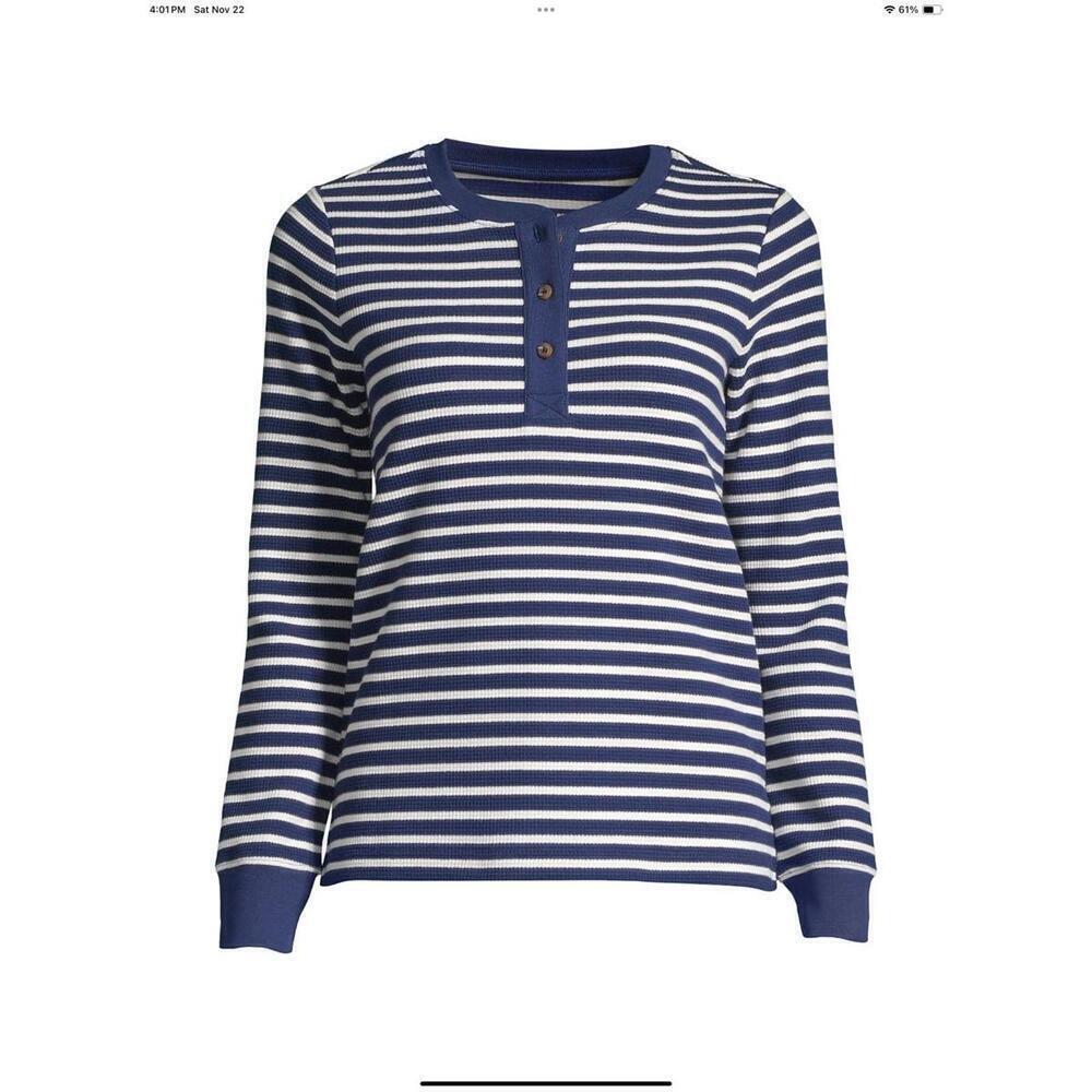 NWT LANDS END WAFFLE KNIT HENLEY PAJAMA TOP NAVY STRIPE M 10-12 MSRP $57.95